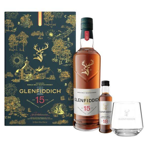 Glenfiddich 15 Jahre Geschenkpackung mit Tumbler und Glenfiddich 18 Jahre Miniatur 40% 0,75l
